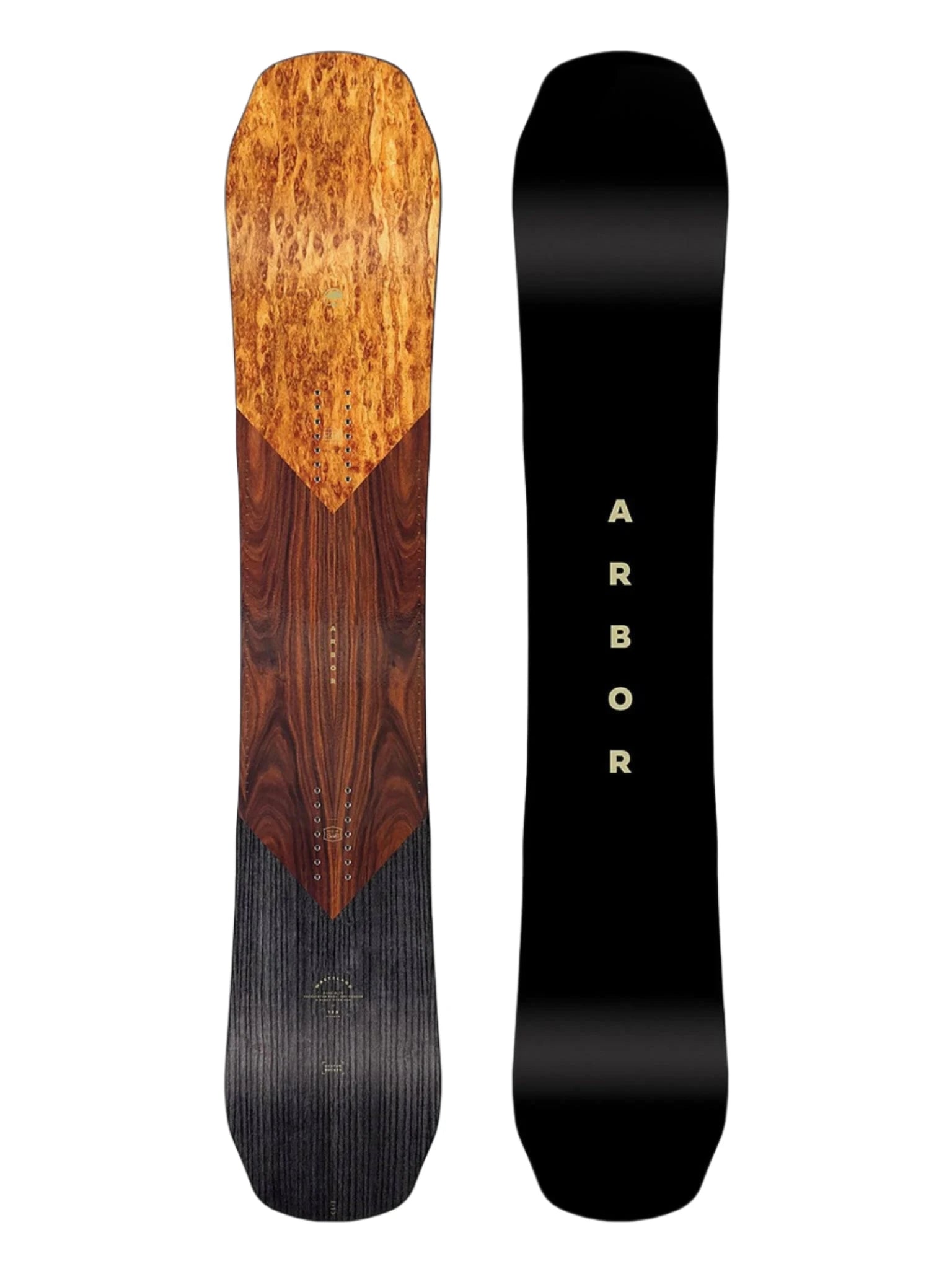 Arbor Wasteland Rocker - A brown, wood-grain-patterned snowboard with a pointed tip and rounded tail.