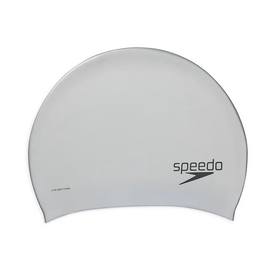 Speedo Silicone Long Hair Swim Cap - A light gray silicone swim cap with a smooth texture and no visible patterns, featuring the brand name "speedo" in black letters on the front.