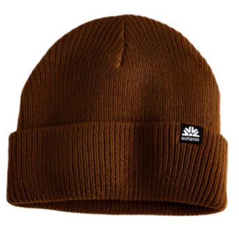 Autumn Simple Beanie 2025 - A brown beanie with a small black tag on the front featuring white text that reads "autumn".