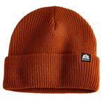 Autumn Simple Beanie 2025 - A rust-colored beanie with a ribbed texture and folded cuff, featuring a small black tag on the front.