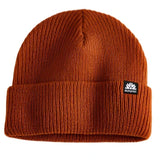 Autumn Simple Beanie 2025 - A rust-colored beanie with a ribbed texture and folded cuff, featuring a small black tag on the front.