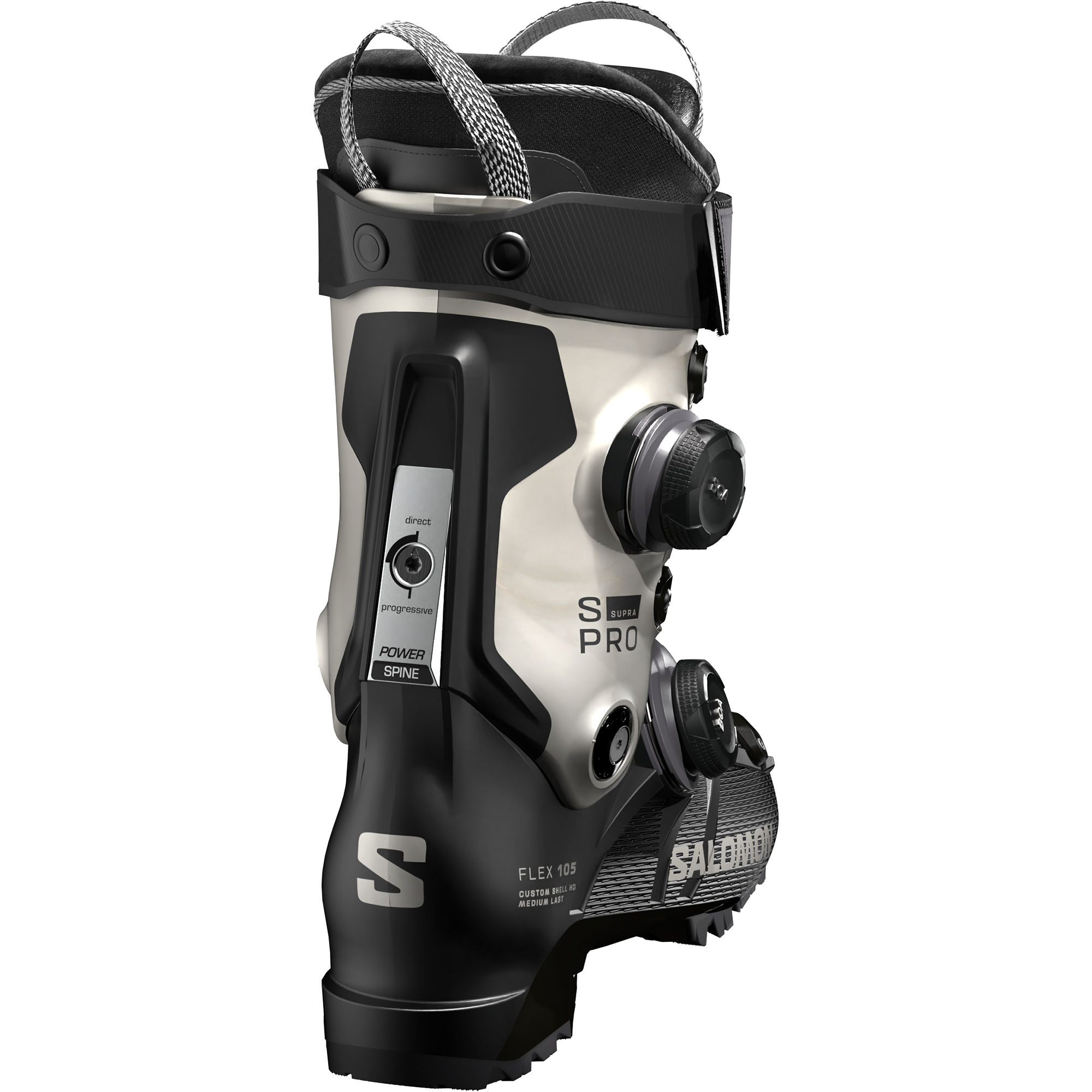 Salomon Women's S/Pro Supra 105 Dual BOA Ski Boots - A pair of black ski boots with a white logo on the side and silver buckles.