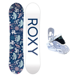 Roxy Junior's Small Poppy Package 2026 - A blue snowboard with a repeating pattern of white and pink flowers, featuring a small fox in the center.