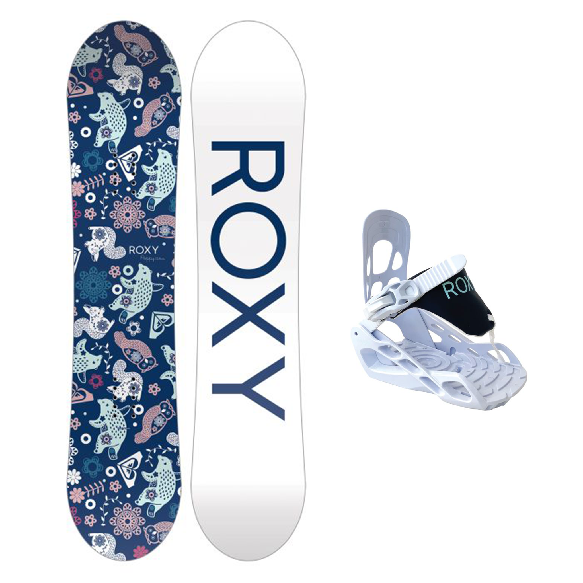 Roxy Junior's Small Poppy Package 2026 - A blue snowboard with a repeating pattern of white and pink flowers, featuring a small fox in the center.