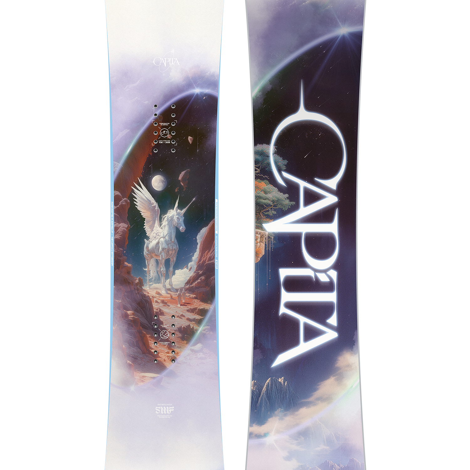 CAPiTA Women's Space Metal Fantasy Snowboard 2026 - A snowboard with a fantasy-themed design featuring a unicorn and stars in shades of purple, blue, and white.