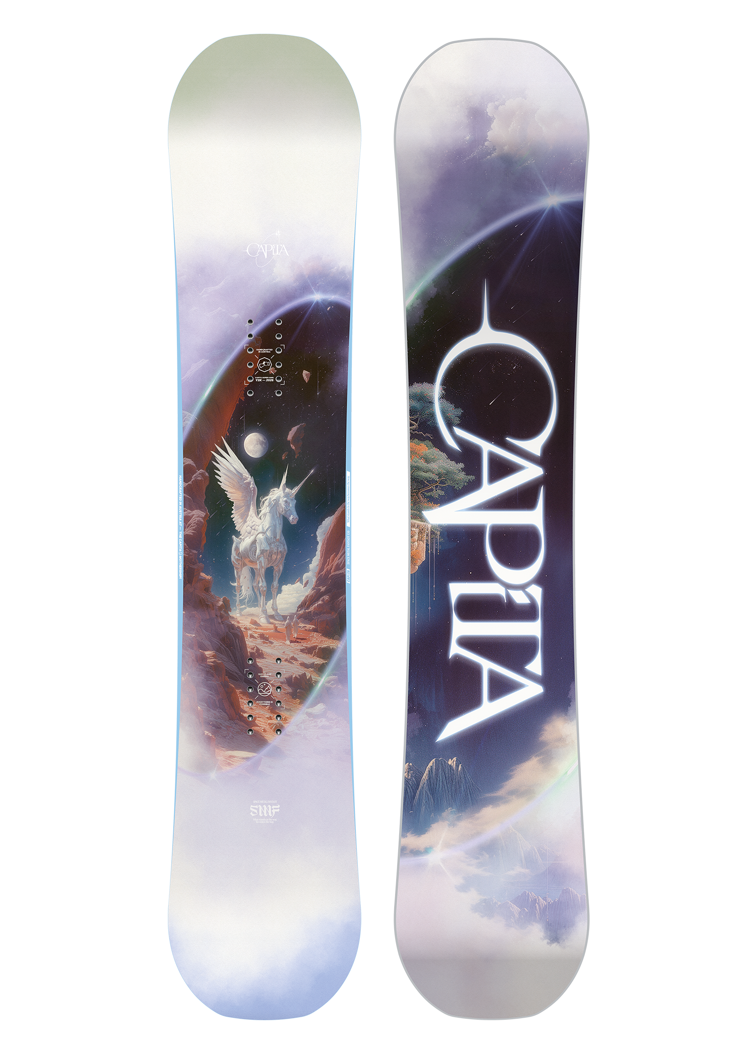 CAPiTA Women's Space Metal Fantasy Snowboard 2026 - A snowboard with a fantasy-themed design featuring a unicorn and stars in shades of purple, blue, and white.