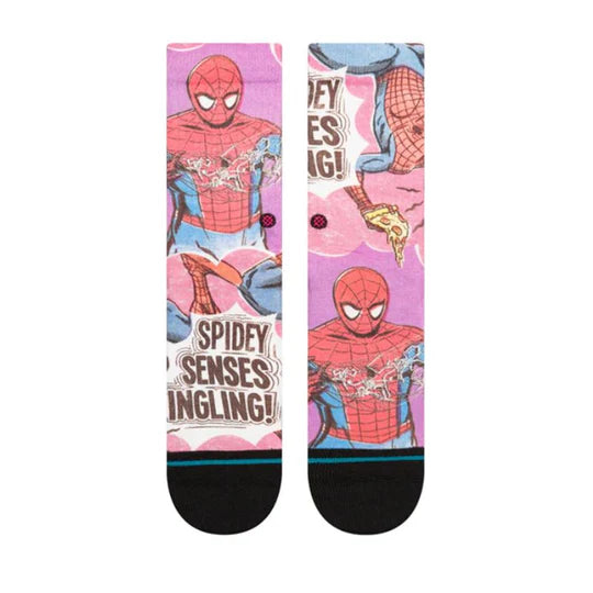 SPIDEY SENSES C SOCK KIDS 2024 - Pink and blue Spiderman graphic on a white background with black toes.