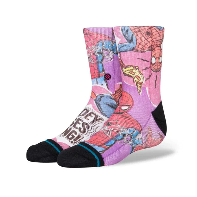 SPIDEY SENSES C SOCK KIDS 2024 - Spiderman and spider web pattern on a pink background.