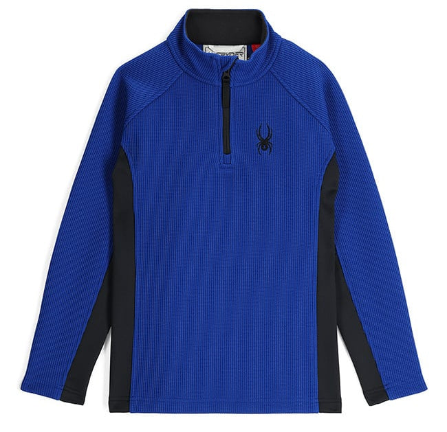 Spyder Boys' Outbound 1/2 Zip Fleece Jacket 2025 - A royal blue fleece jacket with a black zipper and a small embroidered spider logo on the left chest.