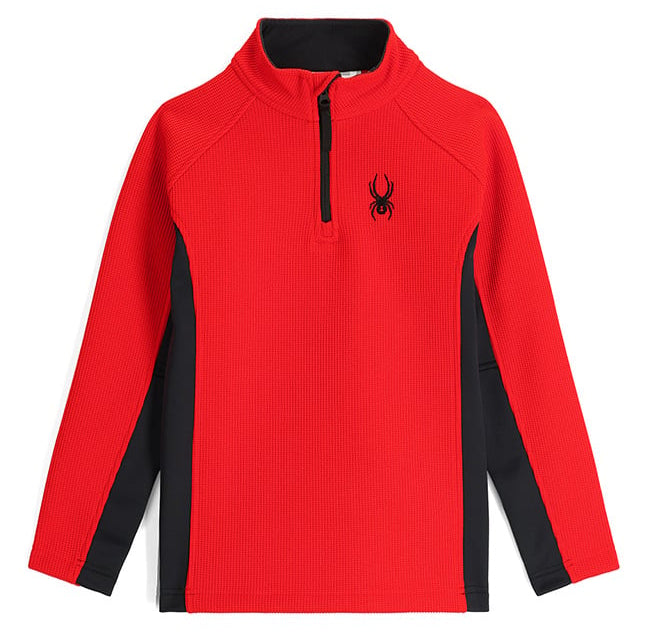 Spyder Boys' Outbound 1/2 Zip Fleece Jacket 2025 - A red fleece jacket with a black zipper and a spider logo on the left chest.