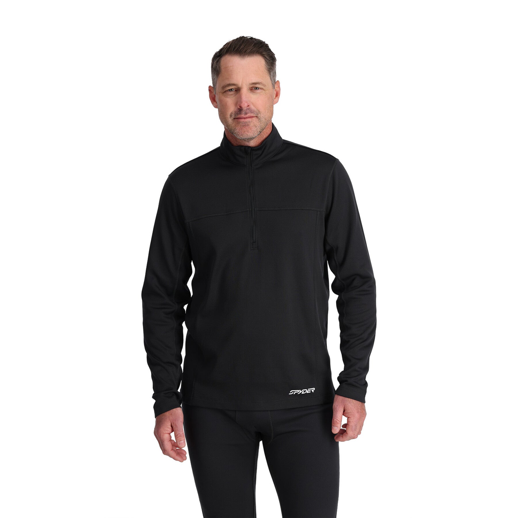 Spyder Charger 1/2 Zip Top 2025 - A black, quarter-zip pullover with a high collar and zippered chest pocket.