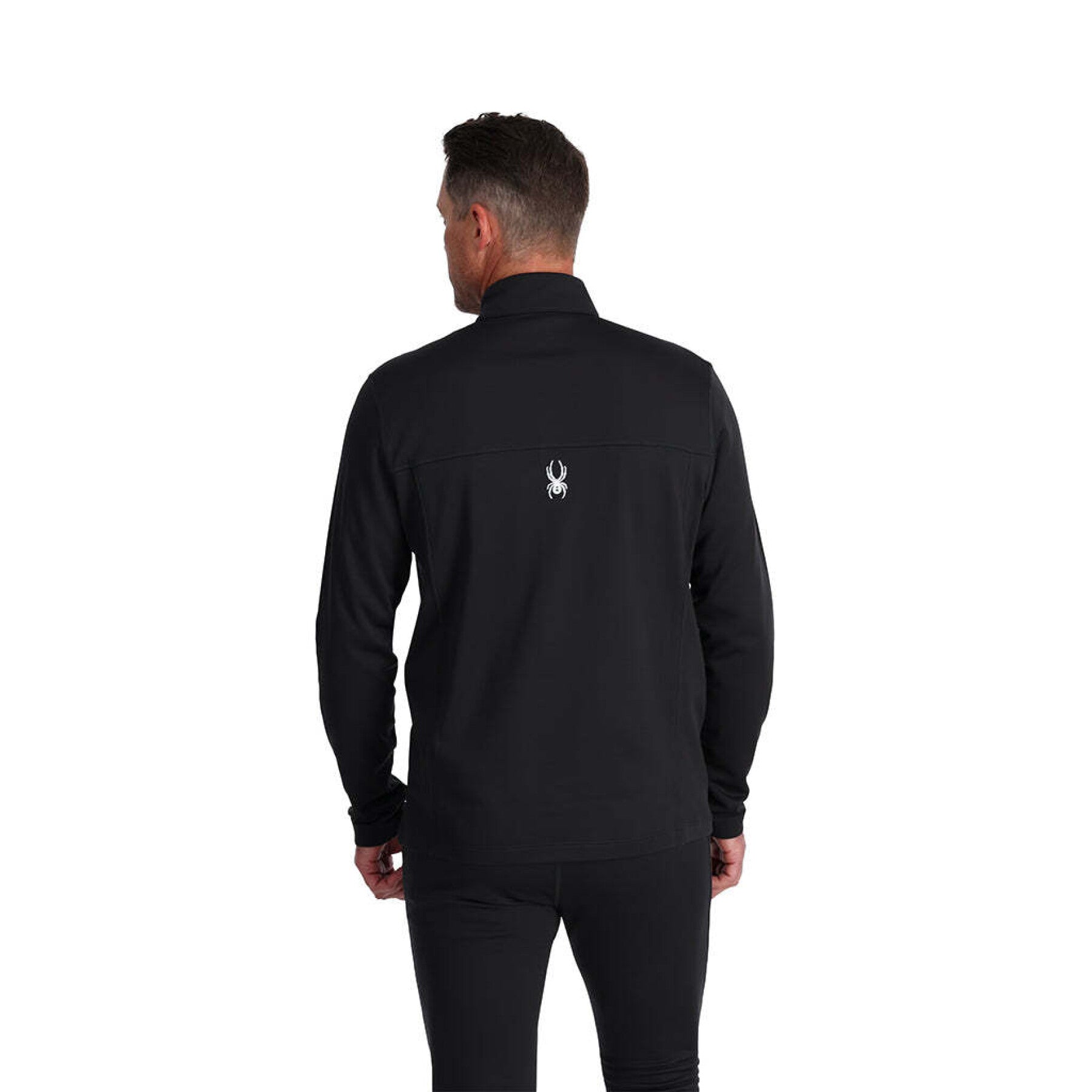 Spyder Charger 1/2 Zip Top 2025 - A black zip-up jacket with a collar and zipper on the front, featuring a white logo on the upper back.