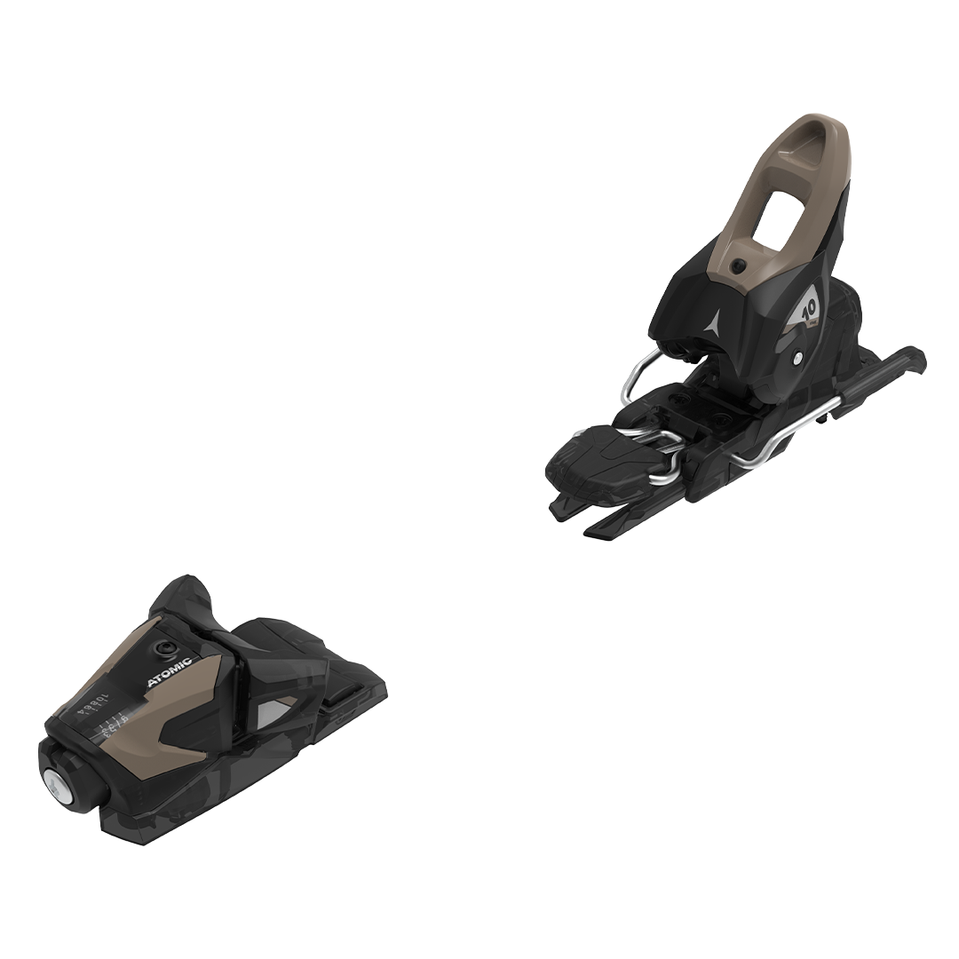 Atomic Stage 10 Bindings - Black bindings with silver hardware, featuring a black plastic base and a tan plastic strap.