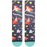 Stance Ariel By Estee Crew Sock 2024 - Ariel from Disney's The Little Mermaid in a purple top and green tail swims with a seahorse on her head.