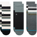 Stance Kid's Bounce Back Casual Crew Sock 3-Pack 2024 - A three-pack of casual crew socks in various colors, featuring a striped pattern on the top portion and solid-colored toes.