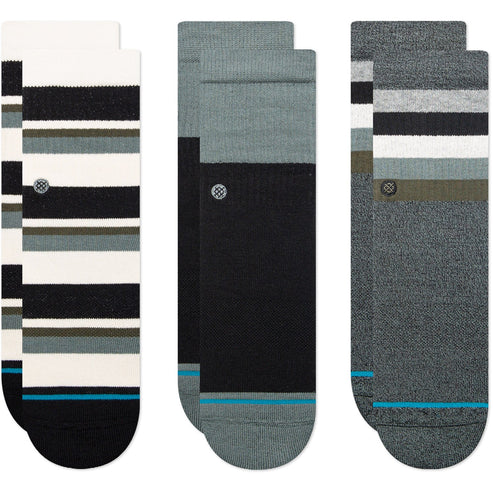 Stance Kid's Bounce Back Casual Crew Sock 3-Pack 2024 - A three-pack of casual crew socks in various colors, featuring a striped pattern on the top portion and solid-colored toes.