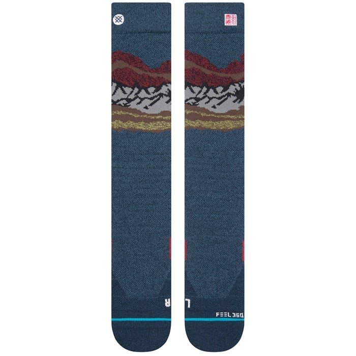 Stance Chin Valley Snowboard Socks 2023 - A pair of snowboard socks with a red and white mountain graphic on a gray background.