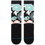 Stance Flower Beds Crew Socks 2024 - A pair of crew socks with a floral pattern in shades of blue, white and orange on a black background.