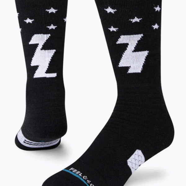 Stance Fully Charged Kids OTC Snowboard Socks 2022 - Black snowboard socks with white lightning bolt logo and small white stars.