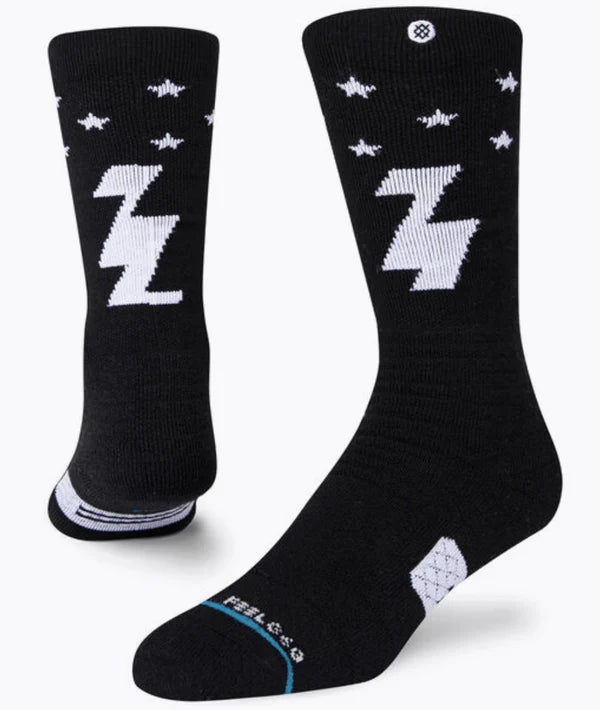 Stance Fully Charged Kids OTC Snowboard Socks 2022 - Black snowboard socks with white lightning bolt logo and small white stars.