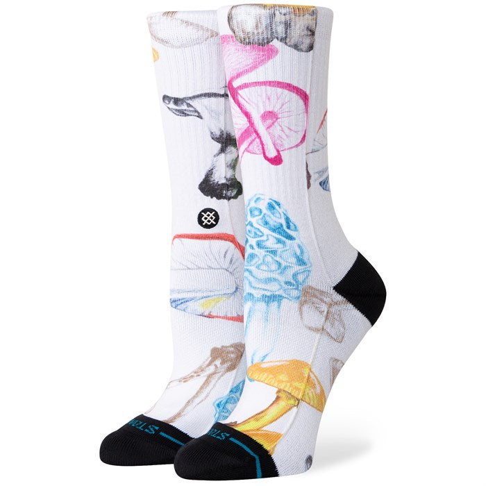 Stance Hunt And Gather Crew Sock 2025 - White crew socks with a repeating pattern of colorful mushrooms and black accents at the toes.