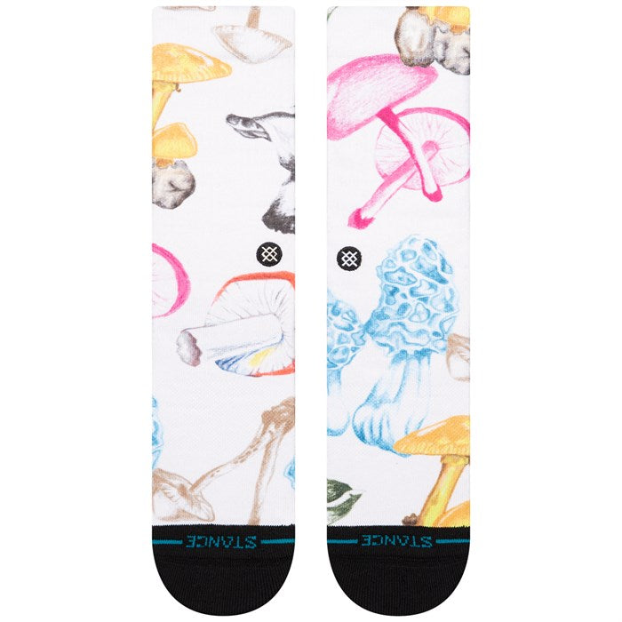 Stance Hunt And Gather Crew Sock 2025 - A pair of white crew socks with a repeating pattern of colorful mushrooms and leaves.