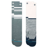 Stance Kid's Freeton Snow Sock 2 Pack 2024 - A pair of gray snow socks with a white stripe and blue logo on the top.