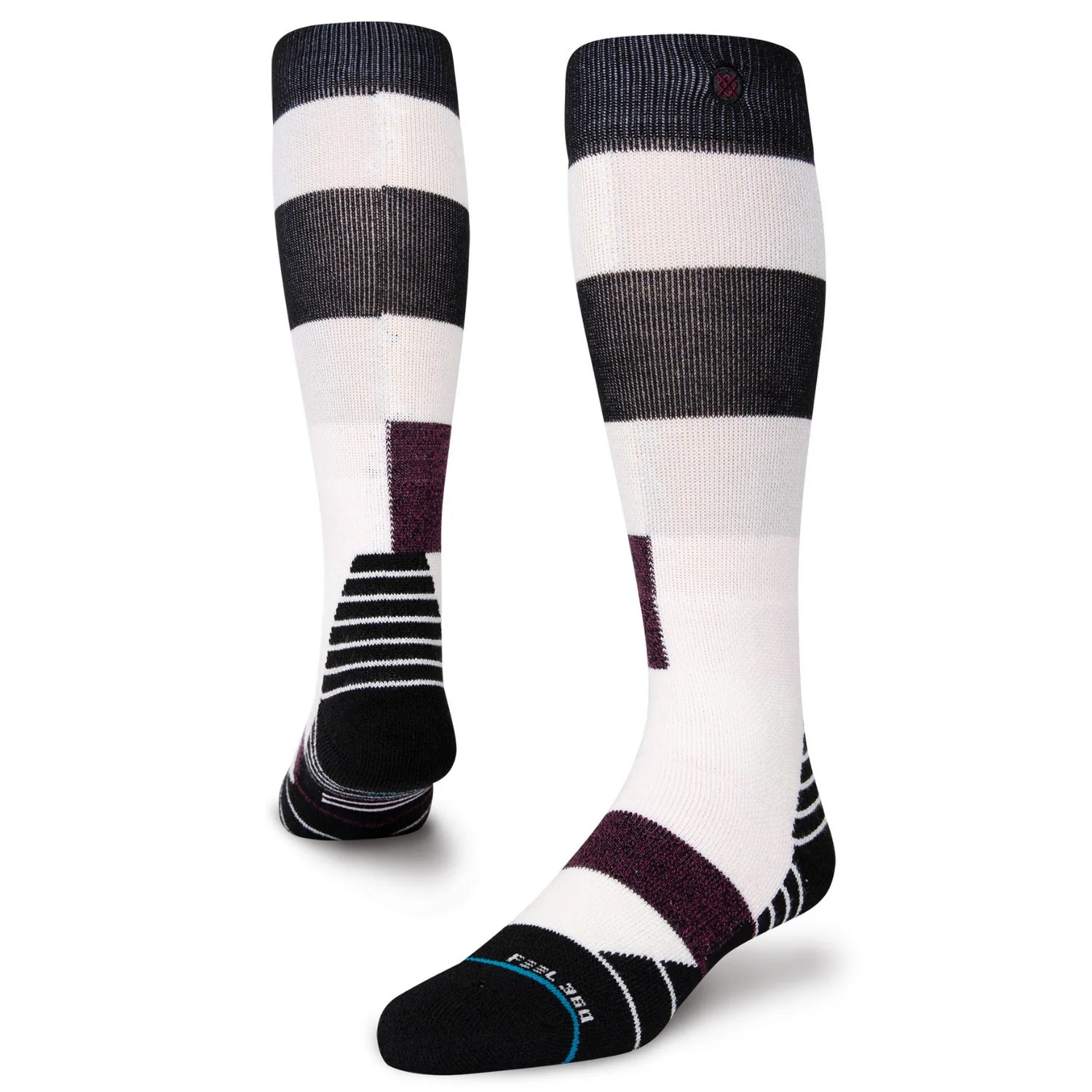 Limitations SB Sock - White socks with black stripes and a small red logo on top of right sock.