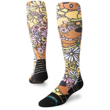 SNAKIN SCOOBS C SOCK 2024 - A pair of knee-high socks with a cartoon dog design in shades of brown and tan, featuring a black toe and heel.