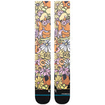 SNAKIN SCOOBS C SOCK 2024 - A pair of knee-high socks with a cartoon image of Scooby-Doo's face in orange and brown, surrounded by flowers and leaves.