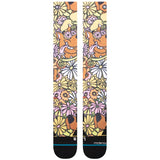 SNAKIN SCOOBS C SOCK 2024 - A pair of knee-high socks with a cartoon image of Scooby-Doo's face in orange and brown, surrounded by flowers and leaves.