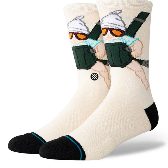 The Hangover X Stance Carlos Crew Socks 2024 - A pair of white crew socks with a cartoon man wearing sunglasses and a hat, holding a drink in his hand.