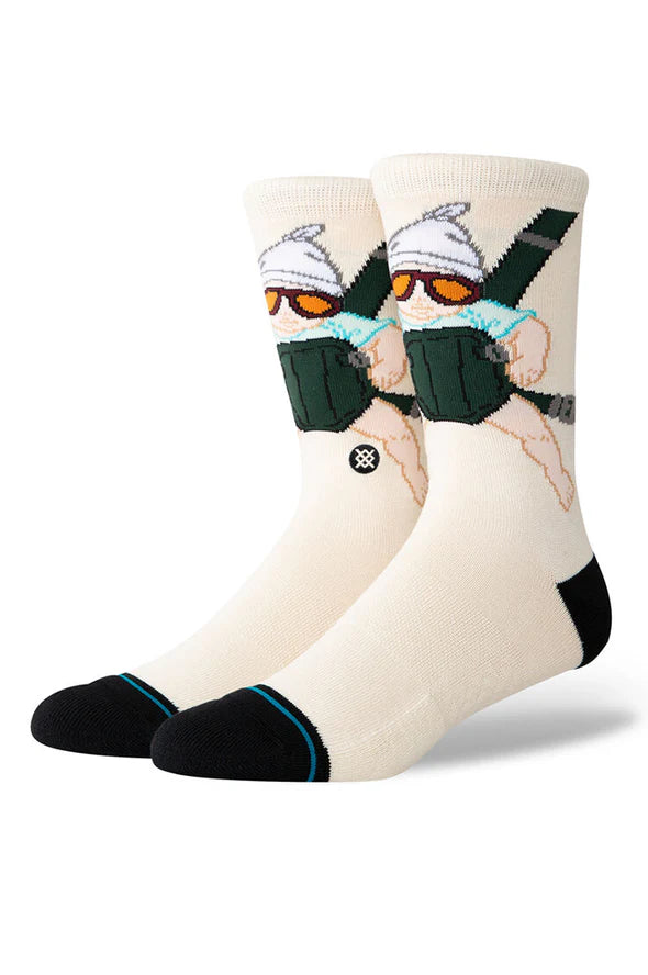 The Hangover X Stance Carlos Crew Socks 2024 - A pair of white crew socks with a cartoon man wearing sunglasses and a hat, holding a drink in his hand.