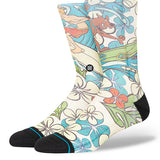 SURFS UP SHAGGY C SK 2024 - A pair of white crew socks with a blue and red cartoon surfer riding a wave on them.