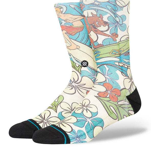 SURFS UP SHAGGY C SK 2024 - A pair of white crew socks with a blue and red cartoon surfer riding a wave on them.