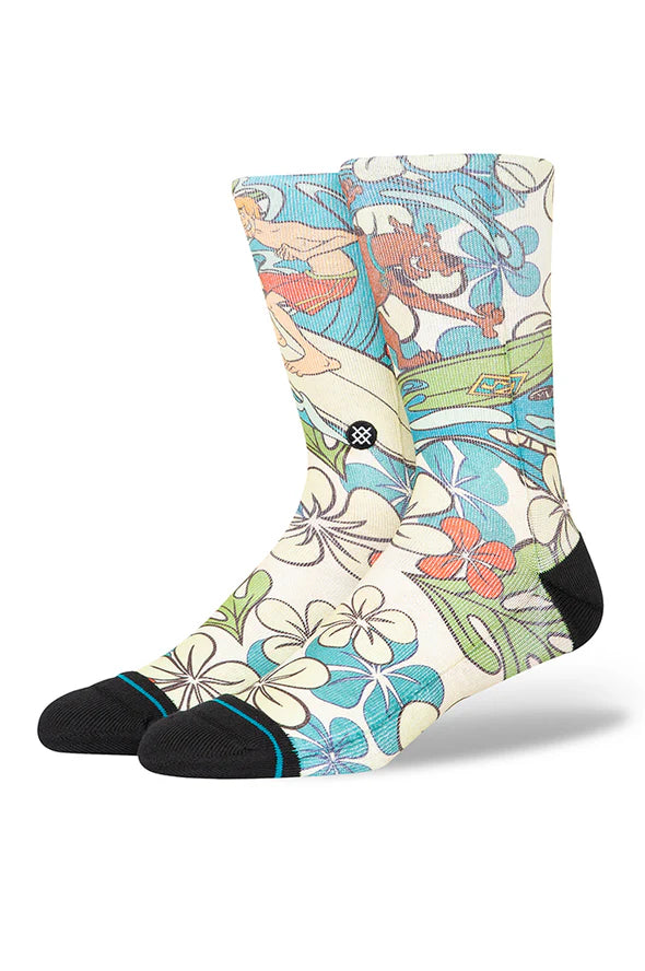 SURFS UP SHAGGY C SK 2024 - A pair of white crew socks with a blue and red cartoon surfer riding a wave on them.