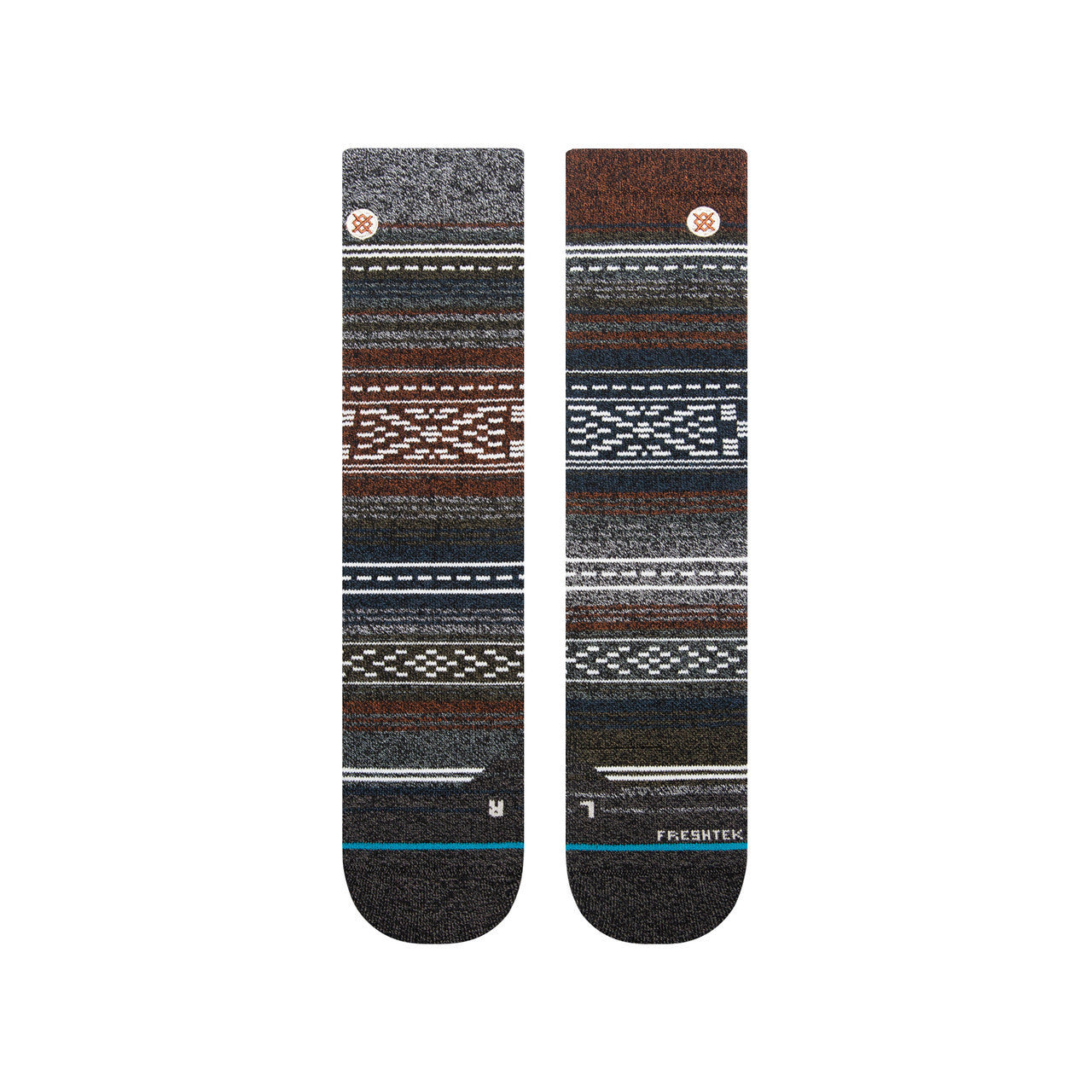 Windy Peaks Perf Crew 2024 - A pair of crew socks with a repeating pattern of wind peaks and perf lines in shades of gray, white, and brown.