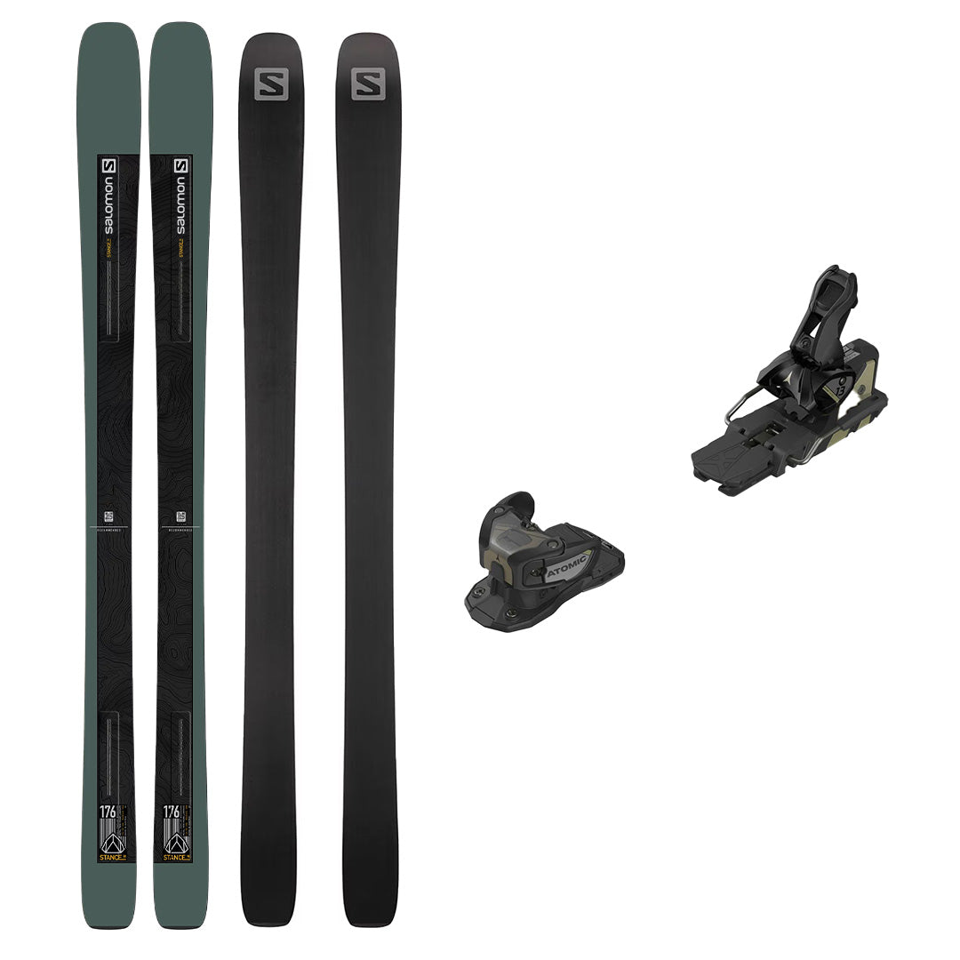 USED - Salomon Stance 90 2022 with Warden 13 Bindings - A pair of skis and bindings, featuring a black base with yellow accents on the bindings.