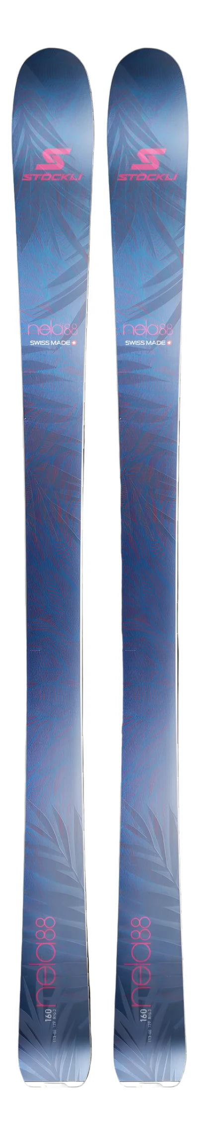 Stöckli Women's Nela 88 Flat Ski 2026 - A blue ski with a pink logo and white lettering on top, featuring a leaf pattern.