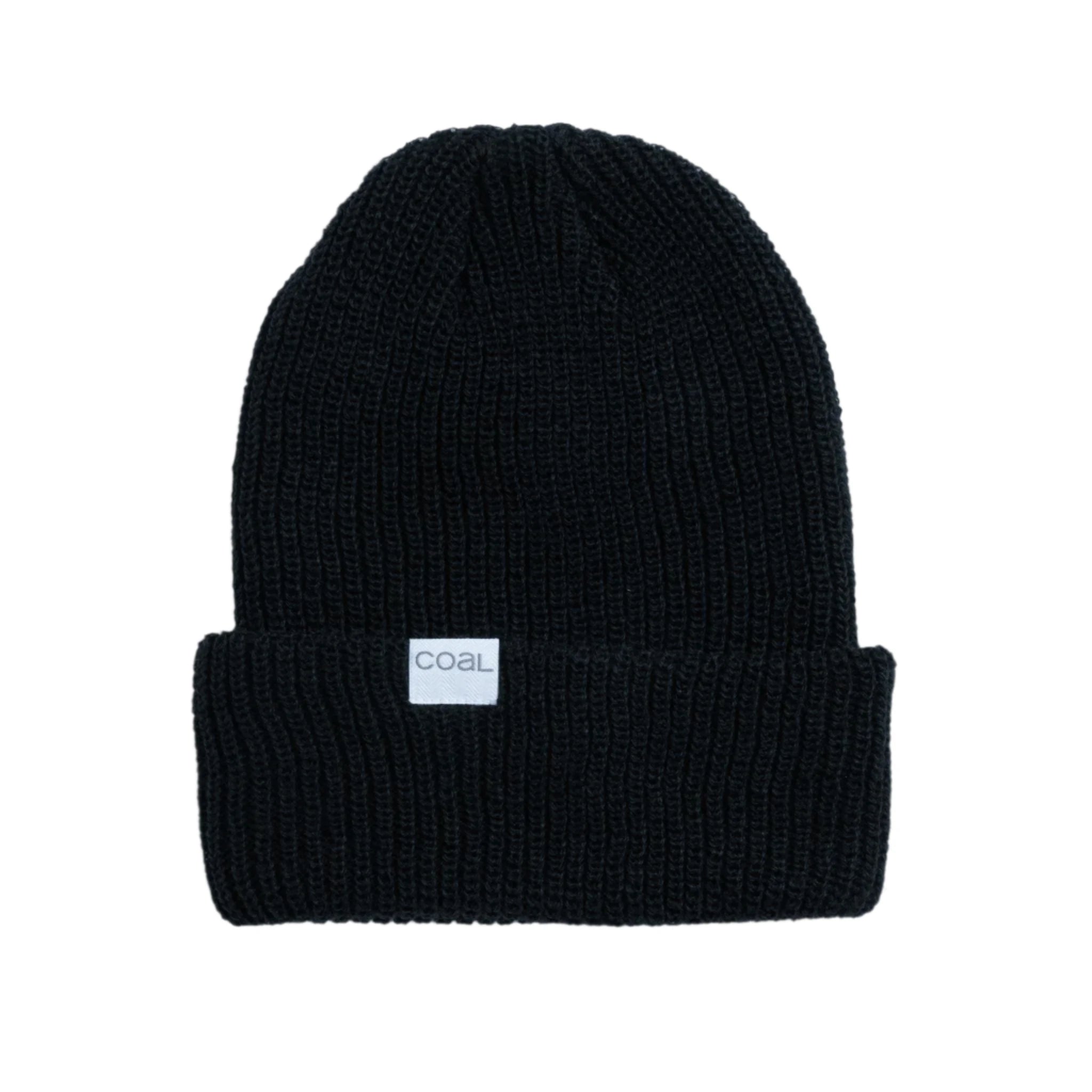Coal Stanley Mid Length Beanie 2025 - A black beanie with a white rectangular label on the front that says "COAL" in gray letters.