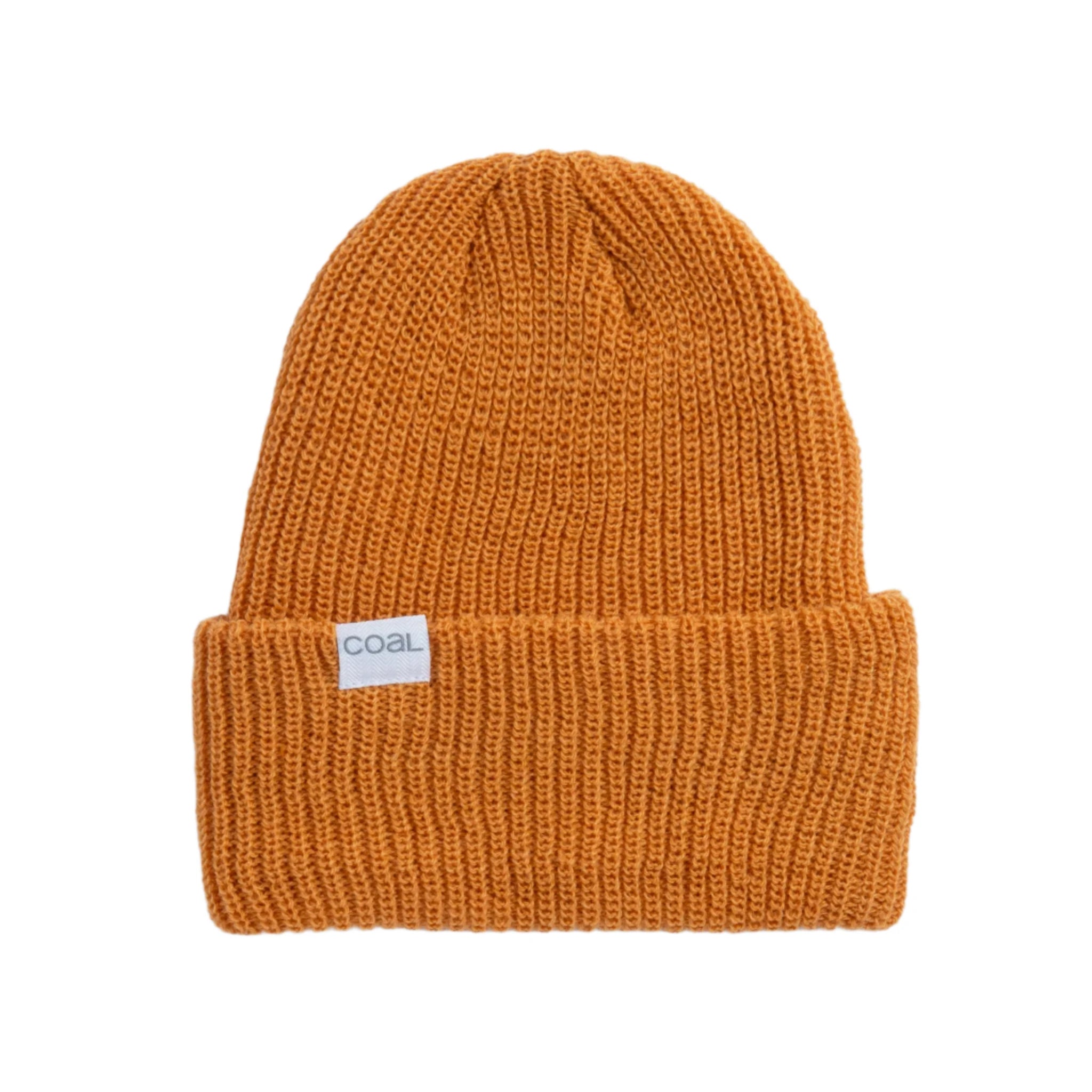 Coal Stanley Mid Length Beanie 2025 - A tan beanie with a white label featuring the word "coal" in gray letters.