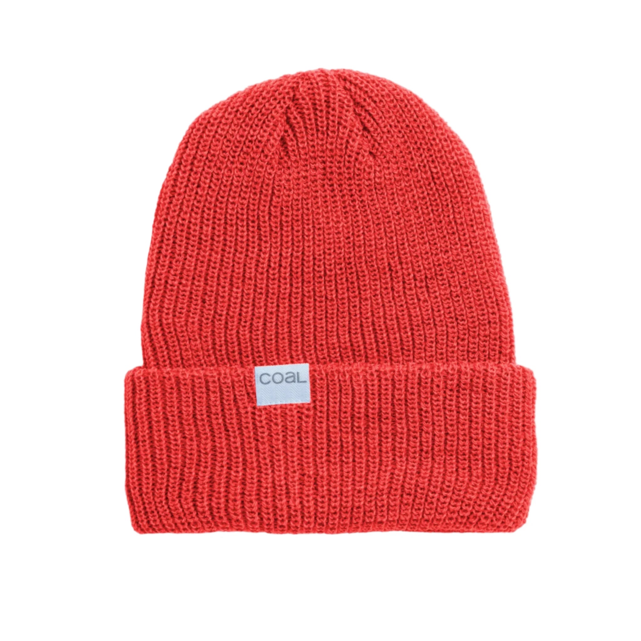 Coal Stanley Mid Length Beanie 2025 - A coral-colored beanie with a ribbed texture and a small white label on the front that reads "COAL" in black letters.