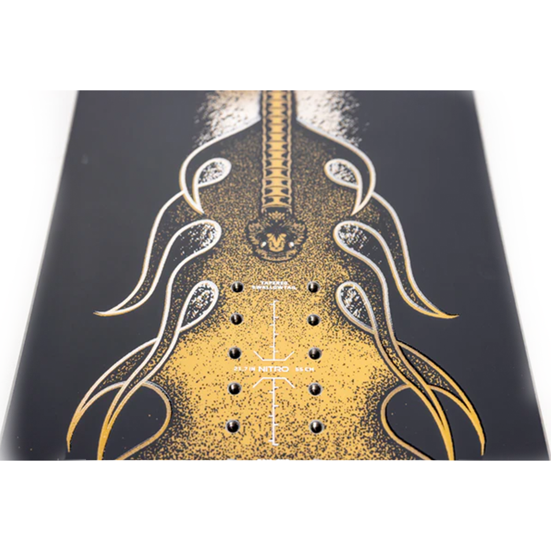 Nitro Stiletto RS x Drew Hicken Snowboard 2026 - A black snowboard with a yellow graphic of a woman's face and hair on top, and a yellow graphic of a man's face and mustache at the bottom.