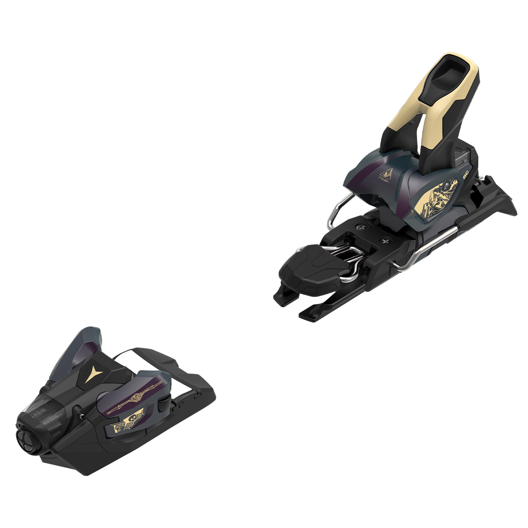 Atomic Strive 12 Ski Bindings 2026 - Black bindings with silver screws and a gold logo on the top plate.