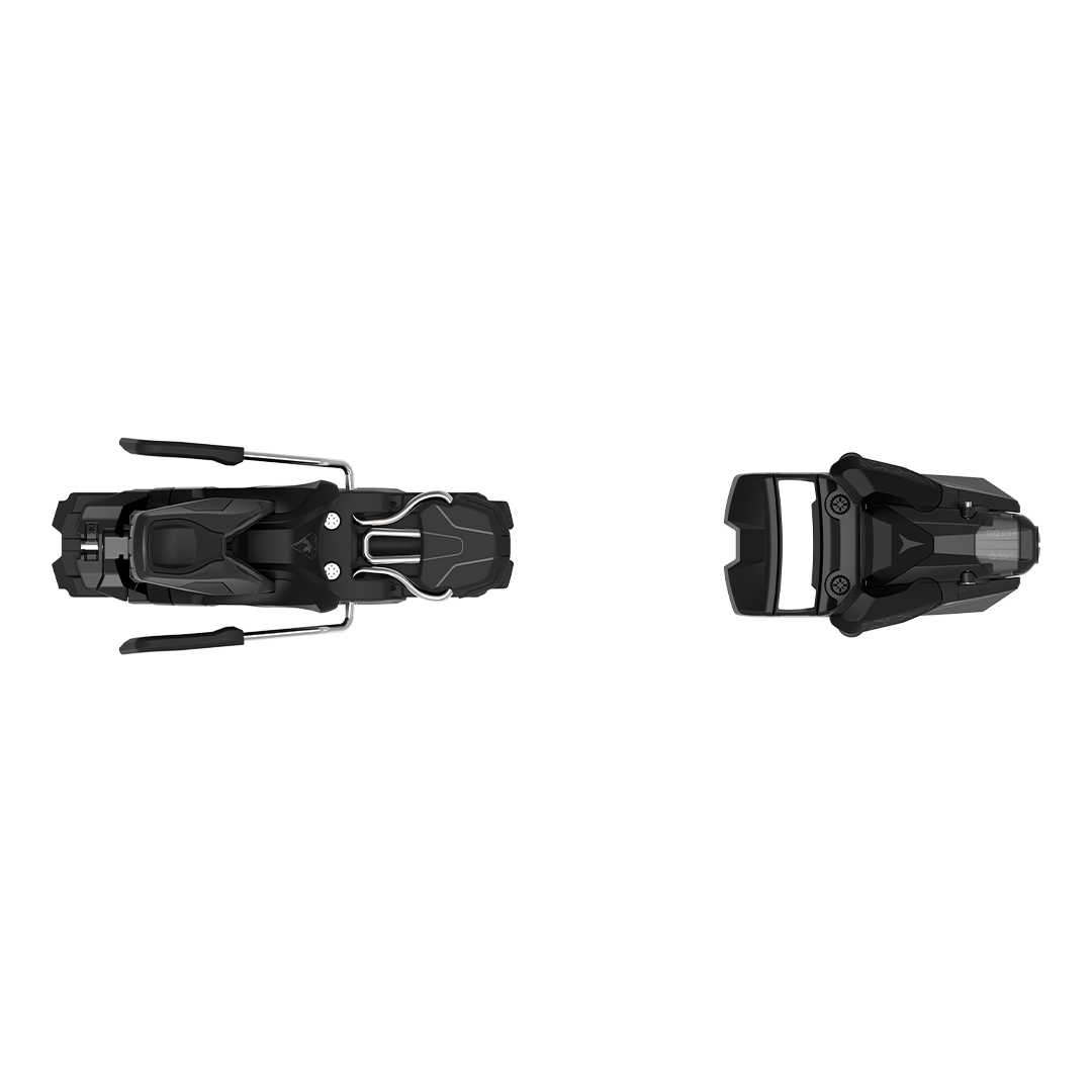 Atomic Strive 12 Ski Bindings 2026 - Black ski bindings with silver hardware and a black plastic body.