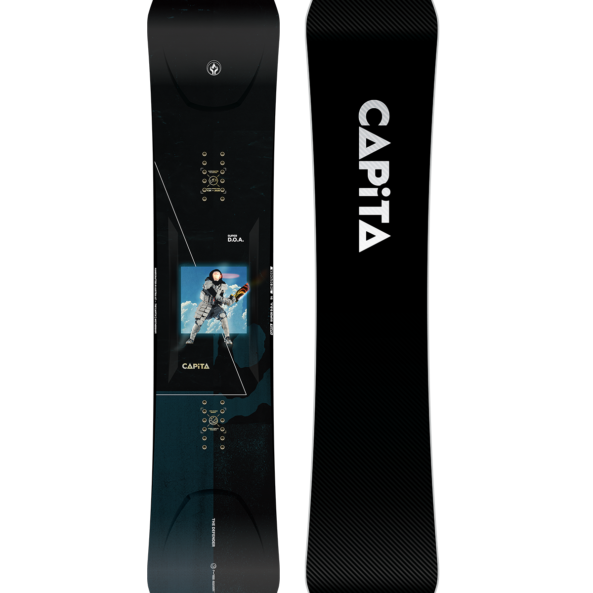CAPiTA Super DOA Snowboard 2026 - A black snowboard with a blue and white graphic of an astronaut on it.