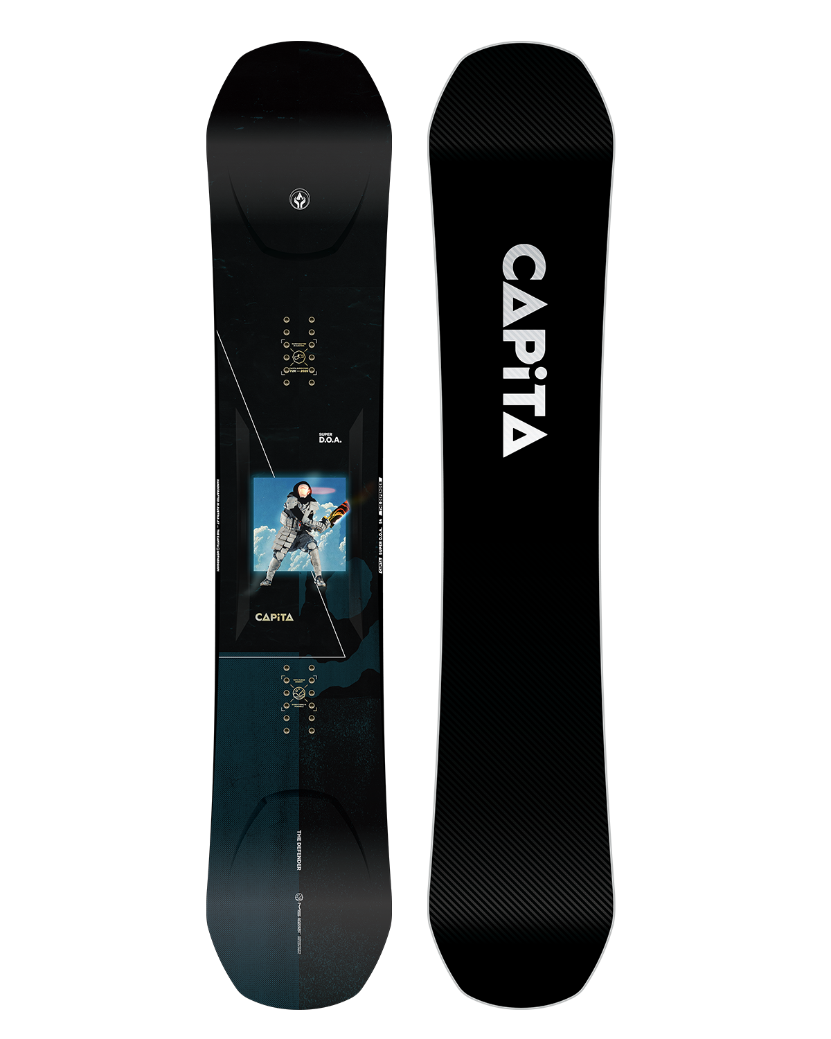 CAPiTA Super DOA Snowboard 2026 - A black snowboard with a blue and white graphic of an astronaut on it.
