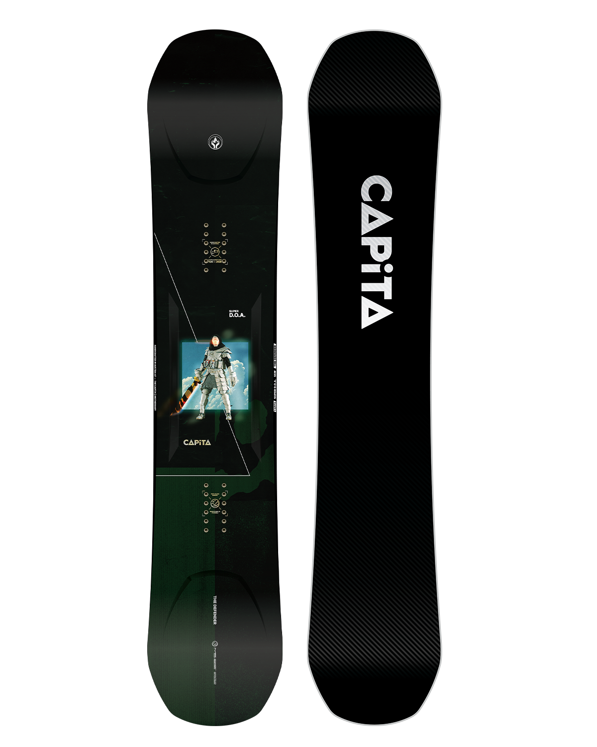 CAPiTA Super DOA Snowboard 2026 - A black snowboard with a white logo at the top and a blue rectangle in the middle featuring an astronaut.