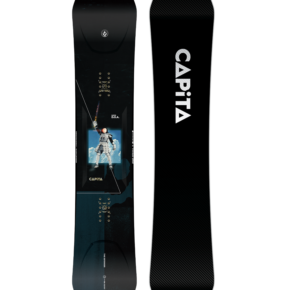 CAPiTA Super DOA Snowboard 2026 - A black snowboard with a white and red graphic of an astronaut in space.