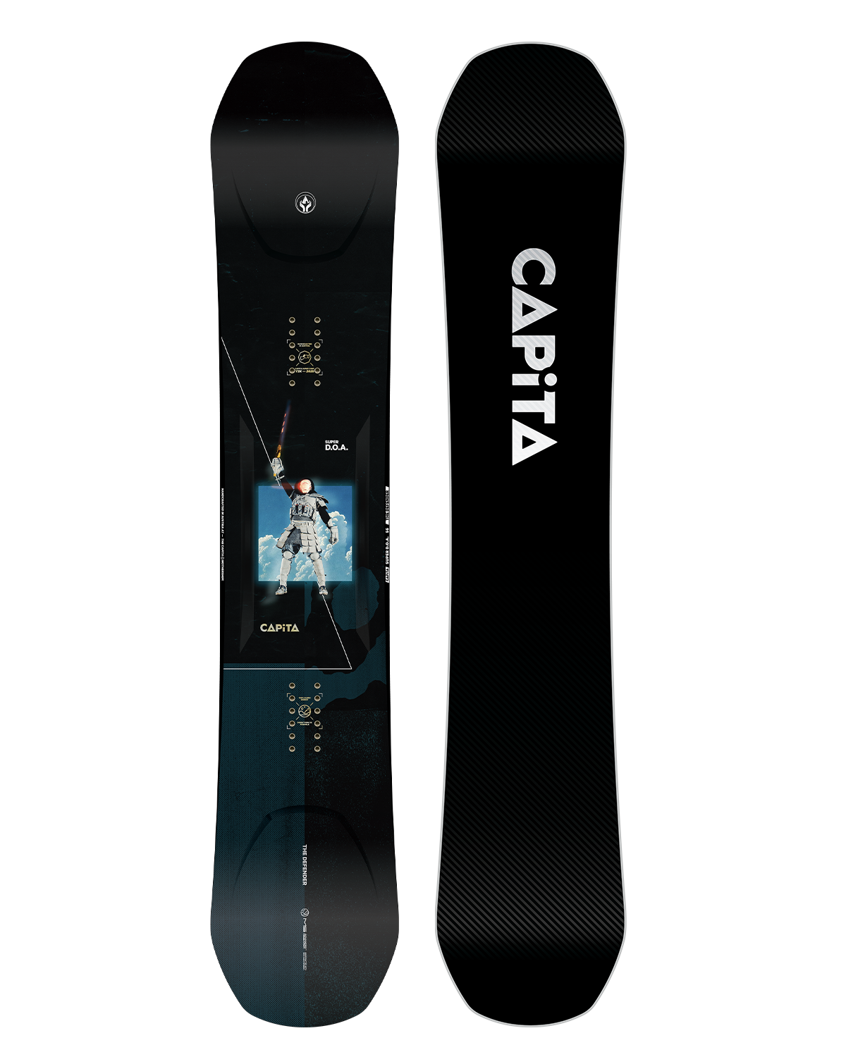 CAPiTA Super DOA Snowboard 2026 - A black snowboard with a white and red graphic of an astronaut in space.